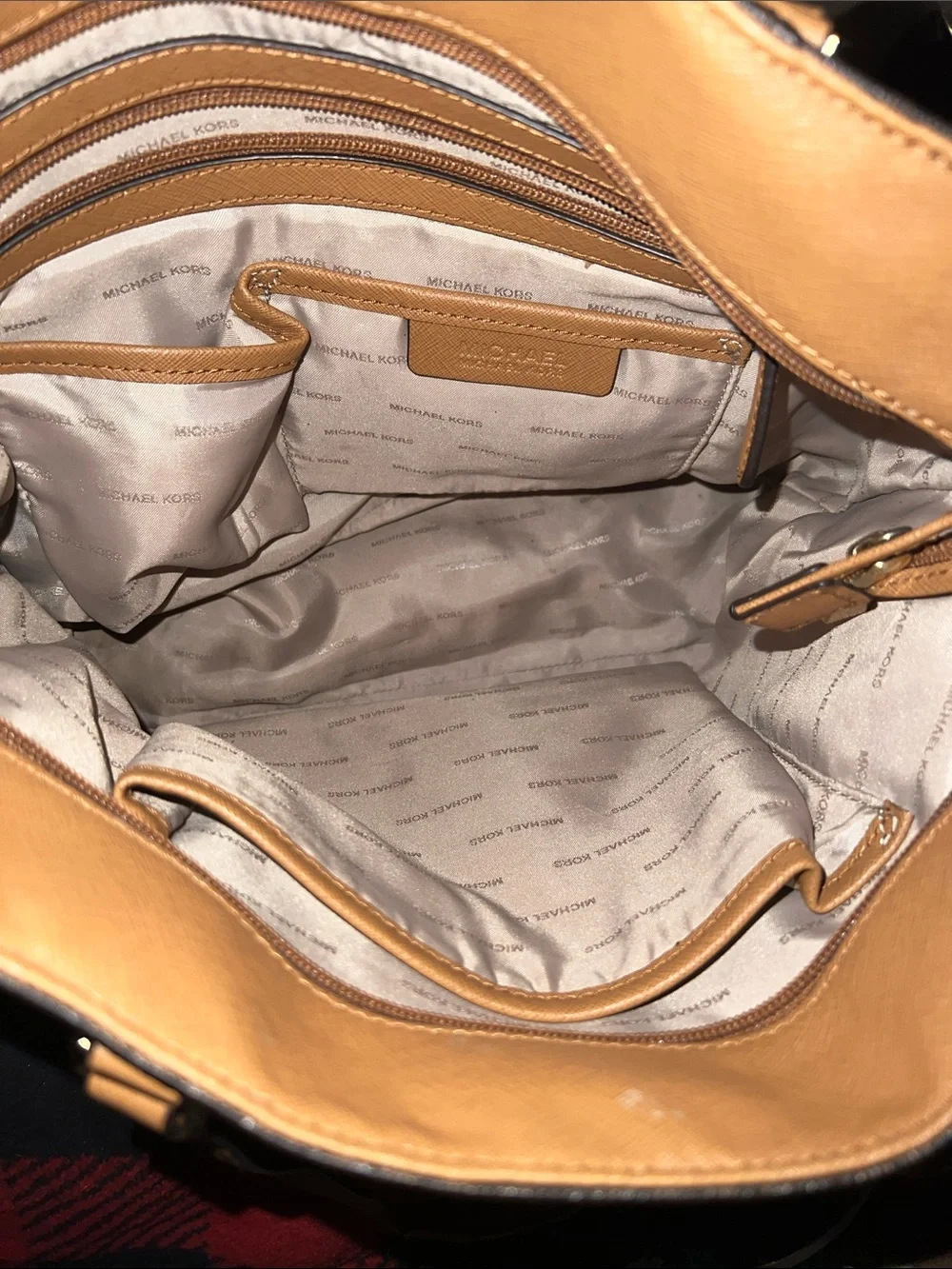 Michael Kors Brown MK Logo Monogram Tote with Tan Leather Handles